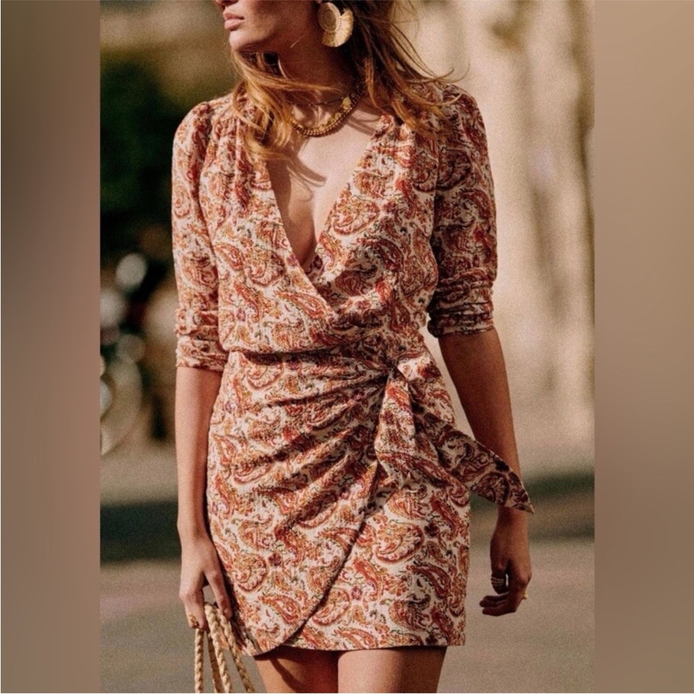Sezane Paisley Wrap Mini Dress in Rust and Cream